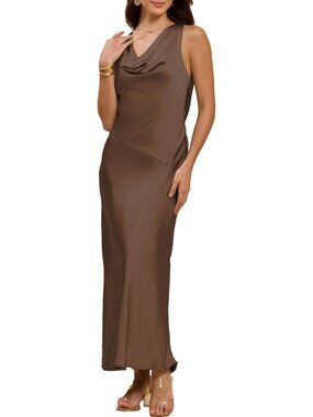 Women's Coffee Cowl Neck Summer Satin Backless Sleeveless Elegant Maxi Dress